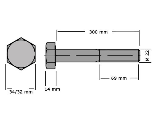 Foto van Zeskanttapbout Deeldraad DIN 931 M22x300mm 8.8 Onbehandeld Zeskanttapbout Deeldraad DIN 931 M22x300mm 8.8 Onbehandeld