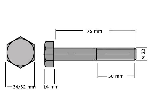 Foto van Zeskanttapbout Deeldraad DIN 931 M22x75mm 10.9 Onbehandeld Zeskanttapbout Deeldraad DIN 931 M22x75mm 10.9 Onbehandeld