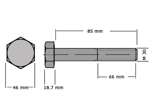 Foto van Zeskanttapbout Deeldraad DIN 931 M30x85mm RVS A4 Zeskanttapbout Deeldraad DIN 931 M30x85mm RVS A4