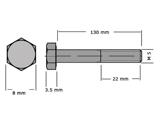 Zeskanttapbout Deeldraad DIN 931 M5x130mm 8.8 Onbehandeld