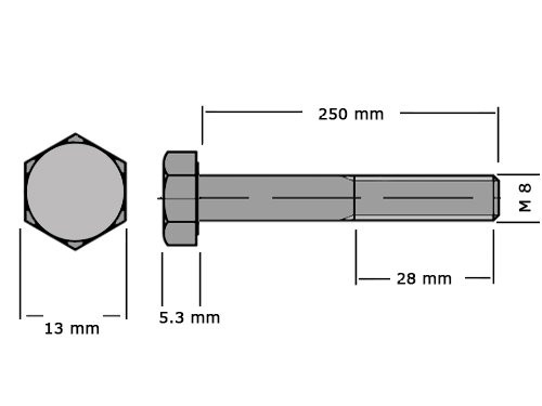 Foto van Zeskanttapbout Deeldraad DIN 931 M8x250mm 8.8 Onbehandeld Zeskanttapbout Deeldraad DIN 931 M8x250mm 8.8 Onbehandeld
